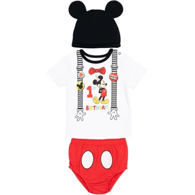 Disney Mickey Mouse 1st Birthday Cosplay Graphic T-Shirt Diaper Cover And Hat 3 Piece Outfit Set White/Red 1 Disney Mickey Mouse 1st Birthday Cosplay Graphic T-Shirt Diaper Cover And Hat 3 Piece Outfit Set White/Red