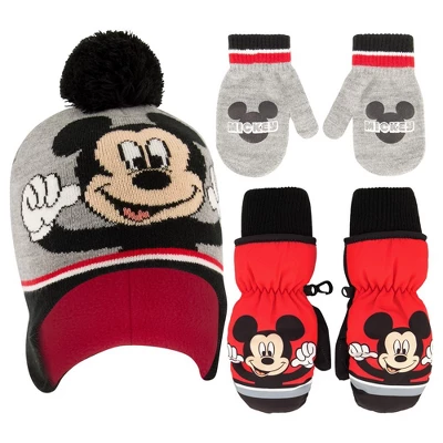 Disney Mickey Mouse Beanie Hat And 2 Pack (Ski And Knit) Mitten Set, Toddler Boys Age 2-4 1 Disney Mickey Mouse Beanie Hat And 2 Pack (Ski And Knit) Mitten Set, Toddler Boys Age 2-4