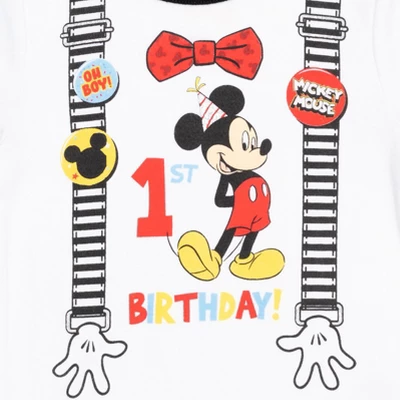 Disney Mickey Mouse 1st Birthday Cosplay Graphic T-Shirt Diaper Cover And Hat 3 Piece Outfit Set White/Red 5 Disney Mickey Mouse 1st Birthday Cosplay Graphic T-Shirt Diaper Cover And Hat 3 Piece Outfit Set White/Red - Image 5