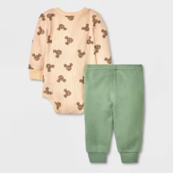 Baby Boys' Disney Mickey Mouse Solid Top And Bottom Set - Green/Tan