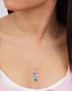 Disney Classic Womens Minnie Mouse Silver Plated Pendant Necklace With Crystal Bow