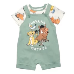 Disney Lion King Simba Timon Pumbaa Baby French Terry Short Overalls T-Shirt And Hat 3 Piece Outfit Set Newborn To Infant