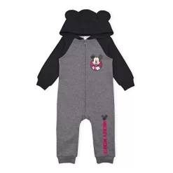 Disney Baby Boy's Mickey Mouse Graphic Printed Long Sleeve Zip Up Jumpsuit Coverall With Hood And 3D Ears For Infant