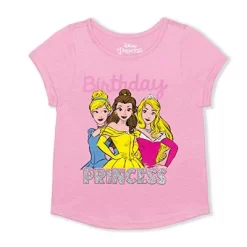Disney Girl's Birthday Princess Glitter Print Short Sleeve Graphic Tee For Toddler